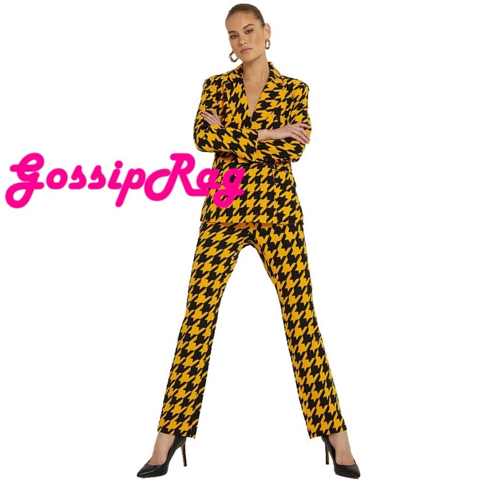 nwt new york & co yellow houndstooth pants suit jacket size medium 6 tall